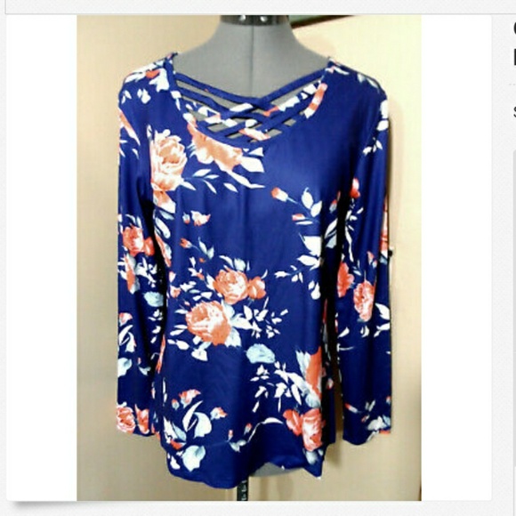 CAGED Blouse S Blue Peach floral Boho tunic top LS - Picture 2 of 5